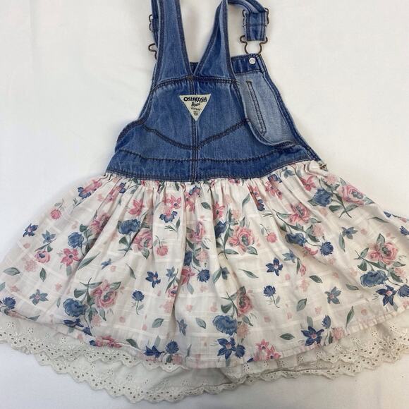 OshKosh Girls Jumper Denim Dress White Floral Eyelet Skirt Overalls Size 4T - Picture 5 of 8